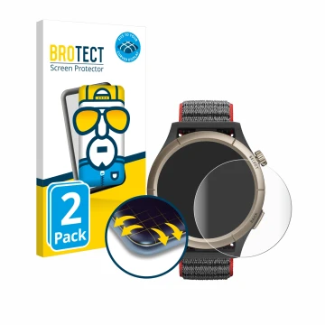 Front side of a product packaging with the brand logo BROTECT. Next to it is the device Huami Amazfit Cheetah Pro shown with t