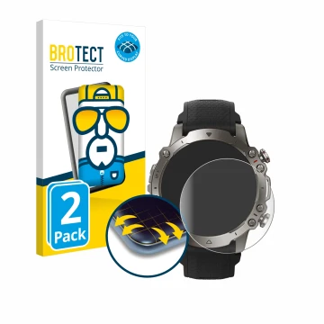 Front side of a product packaging with the brand logo BROTECT. Next to it is the device Huami Amazfit Falcon shown with the co