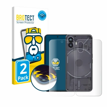 Front side of a product packaging with the brand logo BROTECT. Next to it is the device Nothing Phone (2) (Front+Back) shown w
