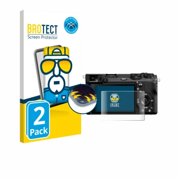 Front side of a product packaging with the brand logo BROTECT. Next to it is the device Sony Alpha 6700 shown with the corresp