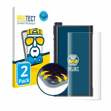 Front side of a product packaging with the brand logo BROTECT. Next to it is the device FiiO M15s shown with the corresponding