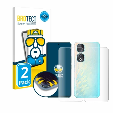 Front side of a product packaging with the brand logo BROTECT. Next to it is the device Honor 90 (Front+Back) shown with the c
