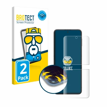 Front side of a product packaging with the brand logo BROTECT. Next to it is the device Samsung Galaxy Z Flip 5 shown with the