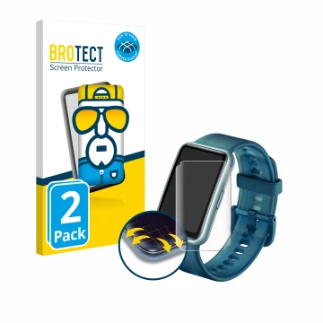 Front side of a product packaging with the brand logo BROTECT. Next to it is the device Huawei Watch Fit Special Edition shown