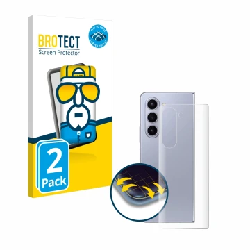 Front side of a product packaging with the brand logo BROTECT. Next to it is the device Samsung Galaxy Z Fold 5 (Back) shown w