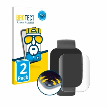 Front side of a product packaging with the brand logo BROTECT. Next to it is the device Huami Amazfit Bip 5 shown with the cor