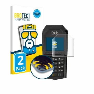 Front side of a product packaging with the brand logo BROTECT. Next to it is the device ingenico Lane/3000 (non-touch) shown w