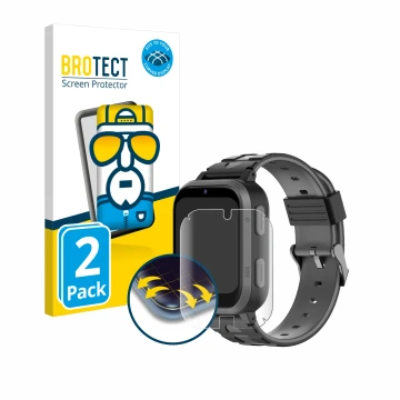 Front side of a product packaging with the brand logo BROTECT. Next to it is the device Beafon Kids Watch SW2 shown with the c