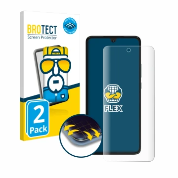 Front side of a product packaging with the brand logo BROTECT. Next to it is the device Motorola Moto G84 shown with the corre