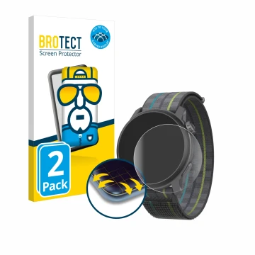 Front side of a product packaging with the brand logo BROTECT. Next to it is the device Coros Pace 3 shown with the correspond
