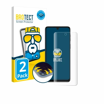 Front side of a product packaging with the brand logo BROTECT. Next to it is the device Motorola Moto G54 shown with the corre