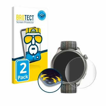 Front side of a product packaging with the brand logo BROTECT. Next to it is the device Huami Amazfit Balance shown with the c