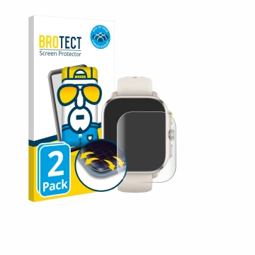 Front side of a product packaging with the brand logo BROTECT. Next to it is the device Huami Amazfit Cheetah (Square) shown w