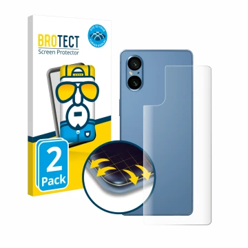 Front side of a product packaging with the brand logo BROTECT. Next to it is the device Sony Xperia 5 V (Back) shown with the 