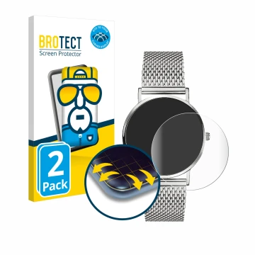 Front side of a product packaging with the brand logo BROTECT. Next to it is the device Liebeskind New Case Mesh (34 mm) shown