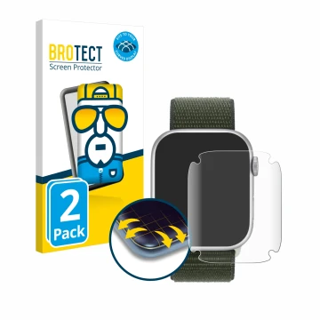 Front side of a product packaging with the brand logo BROTECT. Next to it is the device Apple Watch Series 9 (45 mm) shown wit