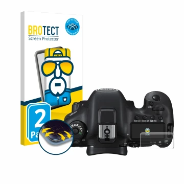 Front side of a product packaging with the brand logo BROTECT. Next to it is the device Canon EOS 7D Mark II (top plate displa