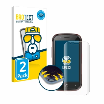 Front side of a product packaging with the brand logo BROTECT. Next to it is the device Unihertz Jelly Star shown with the cor