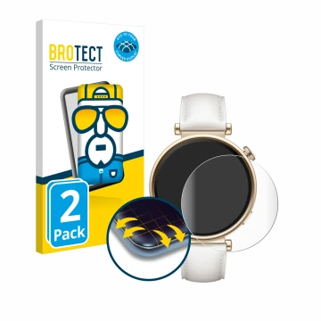 Front side of a product packaging with the brand logo BROTECT. Next to it is the device Huawei Watch GT 4 (41mm) shown with th