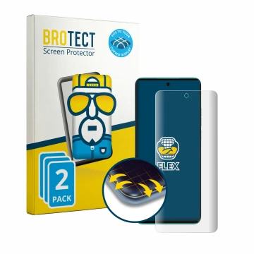 Front side of a product packaging with the brand logo BROTECT. Next to it is the device Motorola Edge 40 Neo shown with the co