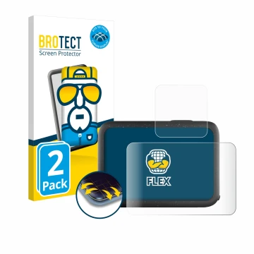 Front side of a product packaging with the brand logo BROTECT. Next to it is the device GoPro Hero 12 Black shown with the cor