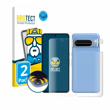 Front side of a product packaging with the brand logo BROTECT. Next to it is the device Google Pixel 8 Pro (Front+Back) shown 