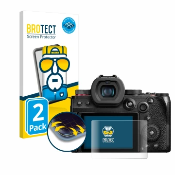 Front side of a product packaging with the brand logo BROTECT. Next to it is the device Panasonic Lumix DC-G9 II shown with th