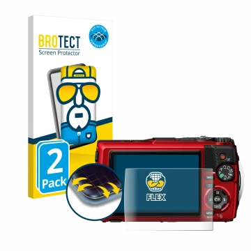 Front side of a product packaging with the brand logo BROTECT. Next to it is the device Olympus OM System Tough TG-7 shown wit