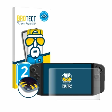 Front side of a product packaging with the brand logo BROTECT. Next to it is the device Lenovo Legion Go shown with the corres