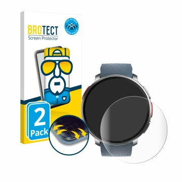 Front side of a product packaging with the brand logo BROTECT. Next to it is the device Polar Vantage V3 shown with the corres