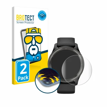 Front side of a product packaging with the brand logo BROTECT. Next to it is the device Garmin Vivomove Trend shown with the c