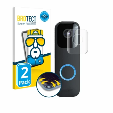 Front side of a product packaging with the brand logo BROTECT. Next to it is the device Blink Video Doorbell shown with the co