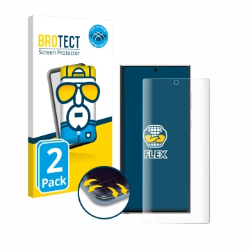Front side of a product packaging with the brand logo BROTECT. Next to it is the device Samsung Galaxy S23 Ultra Enterprise Ed