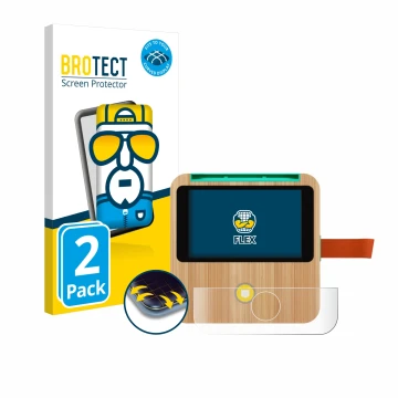 Front side of a product packaging with the brand logo BROTECT. Next to it is the device tigerbox Touch Plus shown with the cor