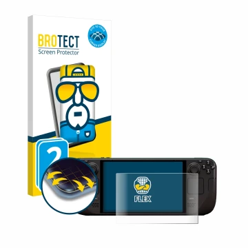 Front side of a product packaging with the brand logo BROTECT. Next to it is the device Valve Steam Deck OLED shown with the c