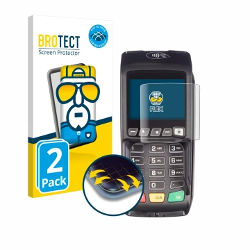 Front side of a product packaging with the brand logo BROTECT. Next to it is the device ingenico Desk/3500 shown with the corr