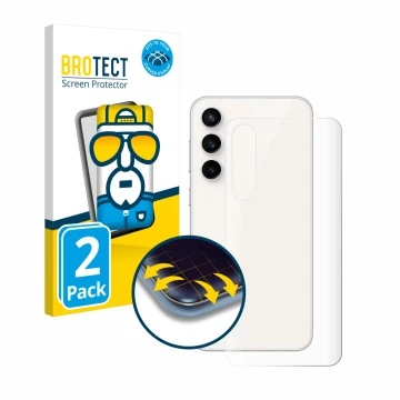 Front side of a product packaging with the brand logo BROTECT. Next to it is the device Samsung Galaxy S23 FE (Back) shown wit