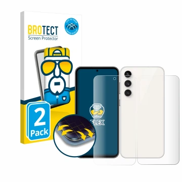 Front side of a product packaging with the brand logo BROTECT. Next to it is the device Samsung Galaxy S23 FE (Front+Back) sho
