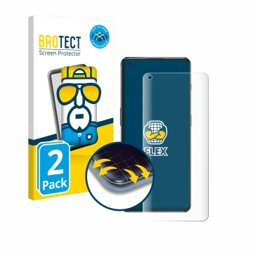 Front side of a product packaging with the brand logo BROTECT. Next to it is the device OnePlus 11 shown with the correspondin