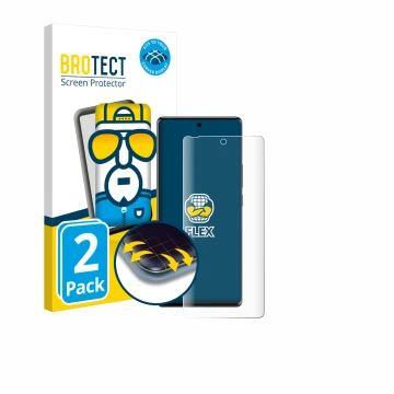 Front side of a product packaging with the brand logo BROTECT. Next to it is the device Tecno Spark 20 Pro Plus shown with the