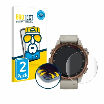 Front side of a product packaging with the brand logo BROTECT. Next to it is the device Garmin Descent Mk3 (43 mm) shown with 