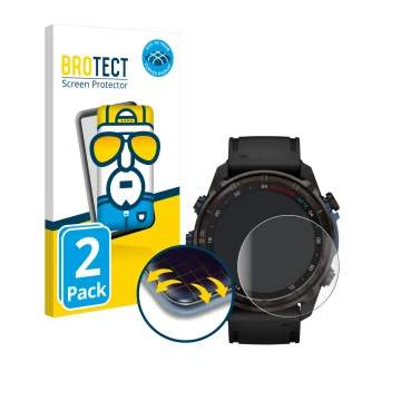 Front side of a product packaging with the brand logo BROTECT. Next to it is the device Garmin Descent Mk3i (51 mm) shown with