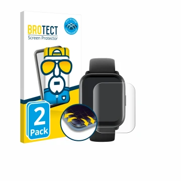 Front side of a product packaging with the brand logo BROTECT. Next to it is the device Amazfit Active shown with the correspo