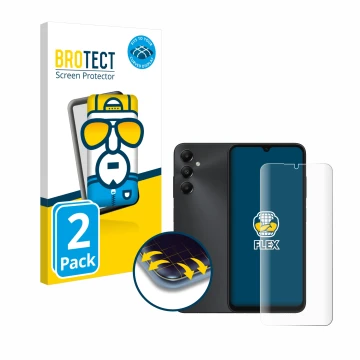 Front side of a product packaging with the brand logo BROTECT. Next to it is the device Samsung Galaxy A05s shown with the cor