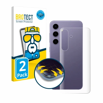 Front side of a product packaging with the brand logo BROTECT. Next to it is the device Samsung Galaxy S24 (Back) shown with t