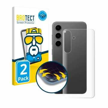 Front side of a product packaging with the brand logo BROTECT. Next to it is the device Samsung Galaxy S24 Plus (Back) shown w