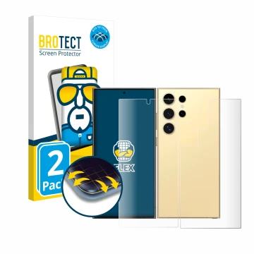 Front side of a product packaging with the brand logo BROTECT. Next to it is the device Samsung Galaxy S24 Ultra (case-friendl