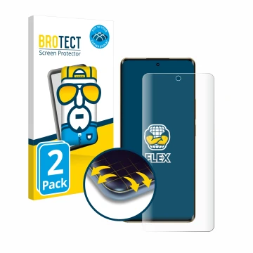 Front side of a product packaging with the brand logo BROTECT. Next to it is the device realme 12 Pro Plus shown with the corr