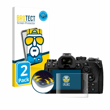 Front side of a product packaging with the brand logo BROTECT. Next to it is the device Olympus OM System OM-1 Mark II shown w