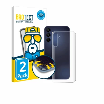Front side of a product packaging with the brand logo BROTECT. Next to it is the device Samsung Galaxy A15 5G (Back) shown wit